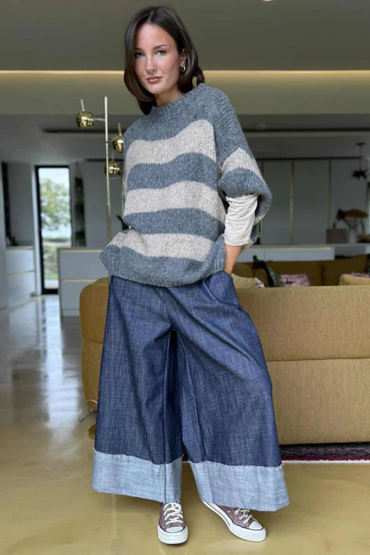  Big Softie Block Stripe Cap Sleeve Knit Top Steel /15=